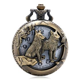 Classic Vintage Bronze Dog Wolf Hollow Quartz Fob Pocket Watch with Necklace Chain Cool Pendant Clock Gift for Women Men