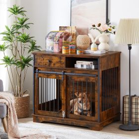 Sliding door dog crate with drawers. Rustic Brown, 35.43'' W x 23.62'' D x 33.46'' H